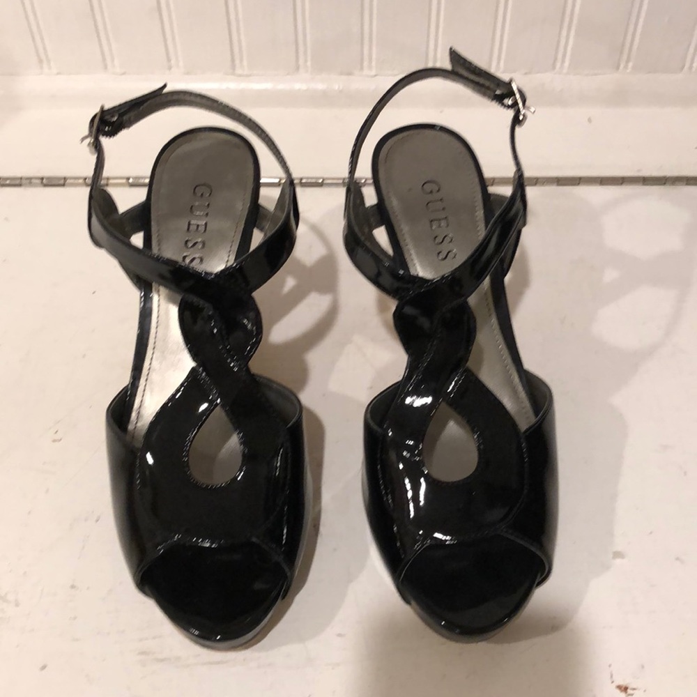 Guess Black Paten leather wedge sandal size 7.5